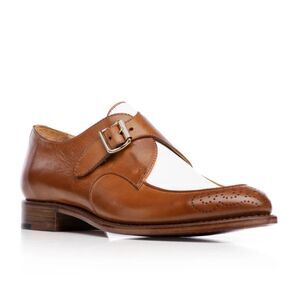 THE OFFICE OF ANGELA SCOTT Mr. Georgie White & Cognac Leather Women's Monkstrap